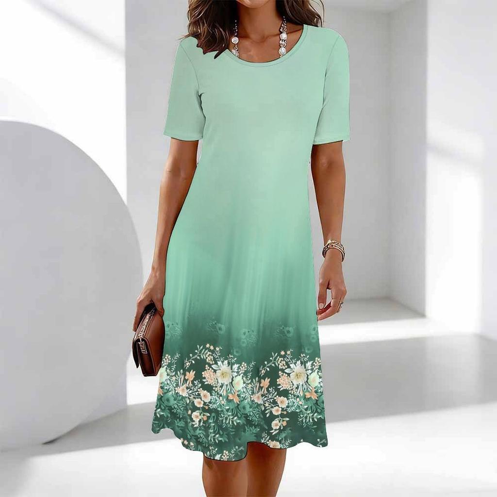 Women's Fashion Graceful Beautiful Flowers and Grass Print Summer Spring Short Sleeve O-Neck Casual Dresses