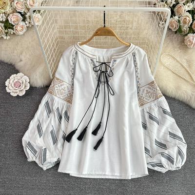 Women Spring Blouse Vintage Ethnic Style Lantern Long Sleeve V-Neck Loose Embroidery Pullover Shirt Foreigner Top D3318