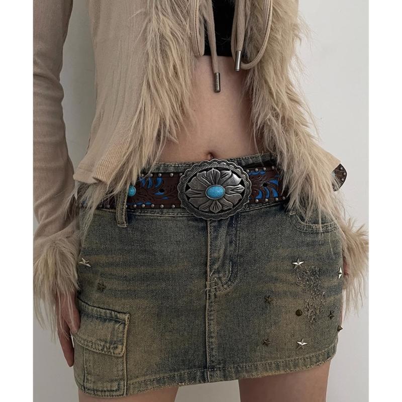 Vintage Bohemia Belt for Women Turquoise Embossed Buckle Decorative Belt Cowboy Belt for Female Cowgirl Jeans Waist Belt