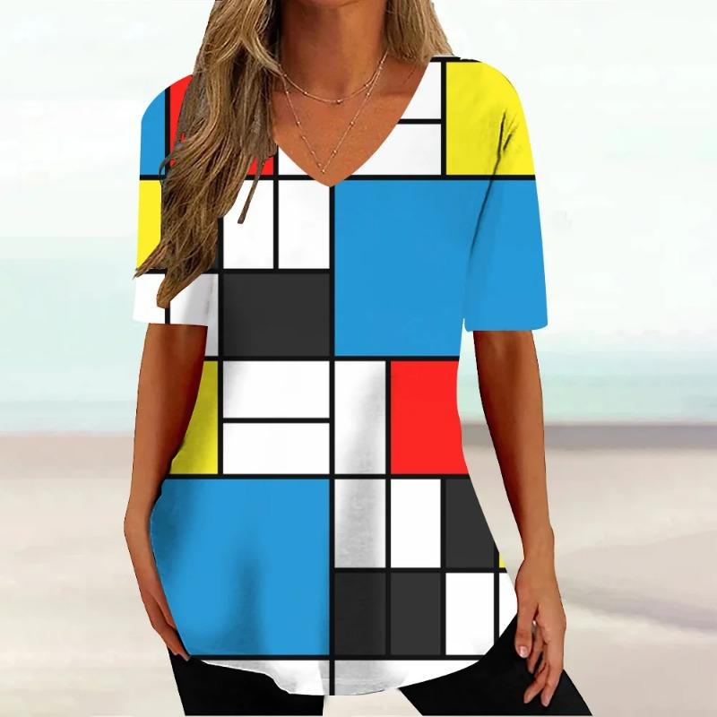 Women T-shirt Summer Striped Printed Gradient Clothing V-neck Short Sleeved Street Clothing Fashionable Plus Size Girl T-shirt XL