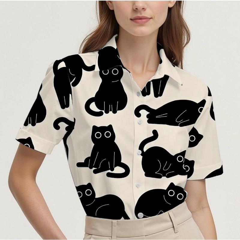 Short-sleeved Summer Shirt for Women with Cat Pattern Design, Breathable and Suitable for Everyday Wear, Fashionable and Casual