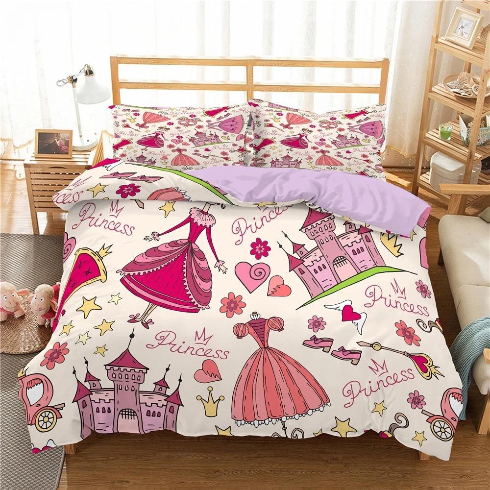 Kids Cartoon Duvet Cover Set Full/Queen Microfiber 3D Bedding Set Soft Pink Castle Princess Comforter Cover with Home Textile