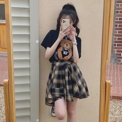 Premium Summer Bear T-Shirt & Plaid Irregular Skirt Set - Two-Piece Casual Outfit