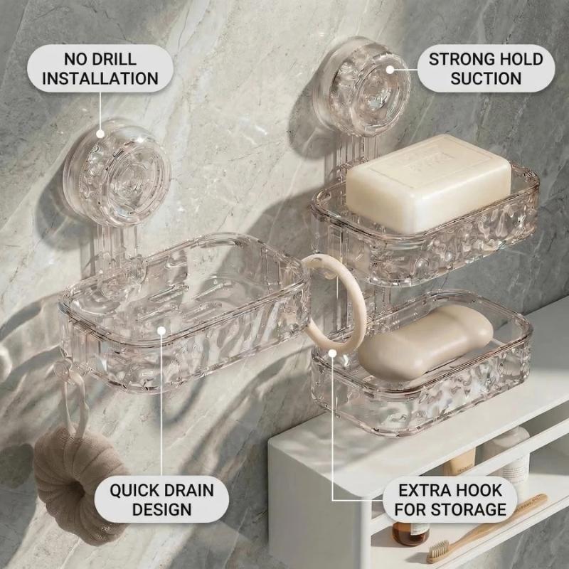 Soap Holder with Suction Cup Wall Hanging Double Layer Non Slip Soap Box No Punch for Bathroom Shower Home Storage