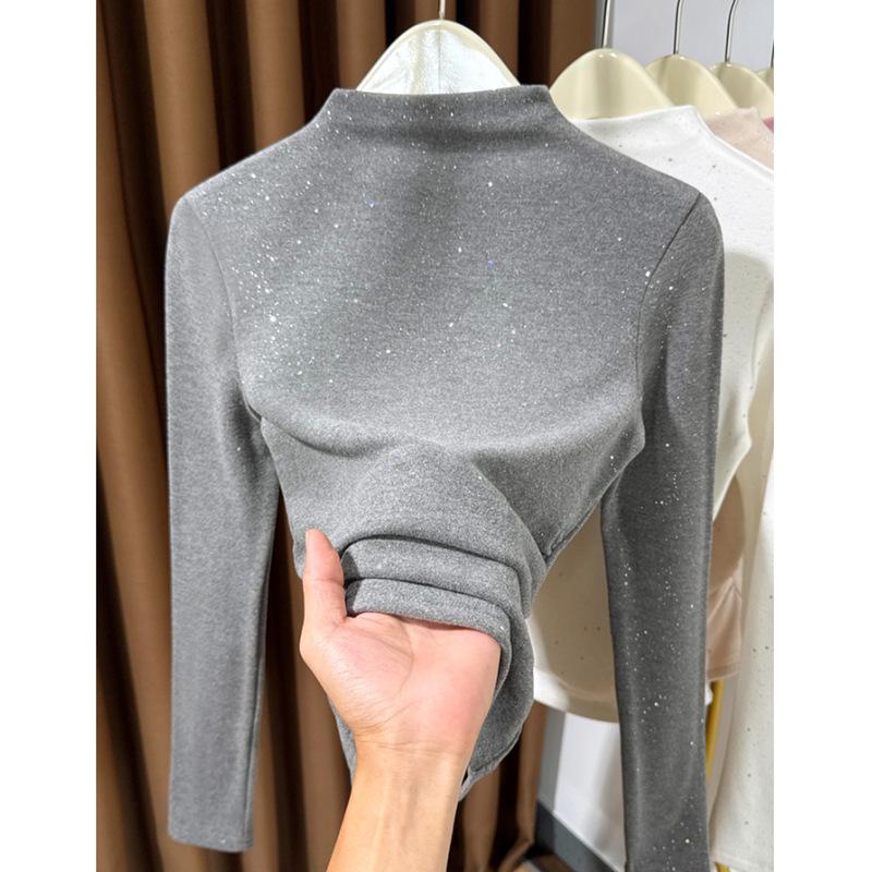 Ribbed Plush Sequined Half-High Collar Long Sleeve Top for Women – Autumn/Winter Stylish Inner Layer