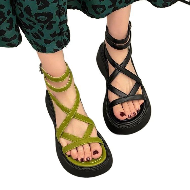 Sandales semelle muffin été nouvelle semelle épaisse rehaussement design creux sensation lanières croisées chaussures romaines bottes cool