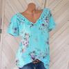 Sommer Casual Damen bedrucktes T-Shirt mit V-Ausschnitt und Spitze, kurzärmelig
