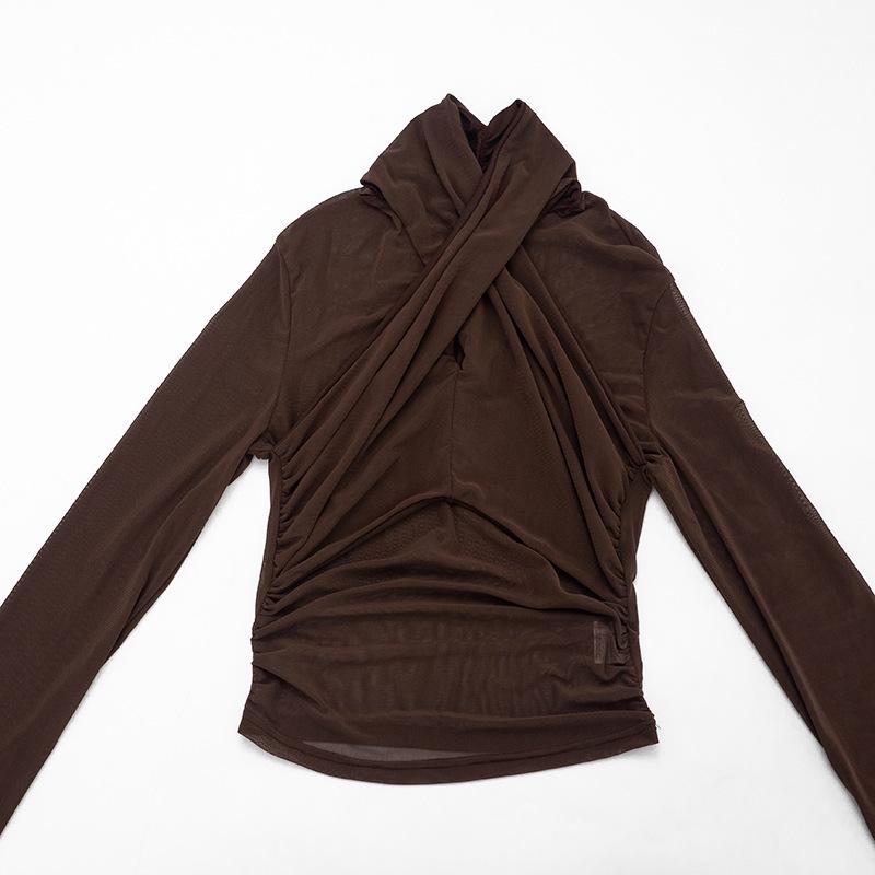 Women's J25TP256 Semi-Transparent Mesh Crossover Long Sleeve Slim Fit Short T-shirt for Summer and Autumn
