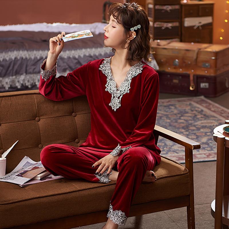 Autumn and winter women's golden velvet pajamas long-sleeved Korean version thin pullover lace coral velvet loungewear set large size