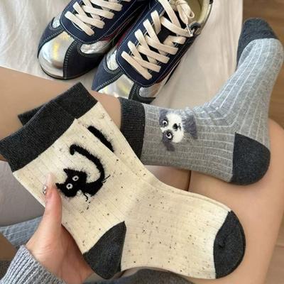 Cartoon Yarn Mid Tube Socks Autumn Winter Pure Cotton Dog Cat Ins Trendy Plush Cute Pile Socks For Children's New Year Gift