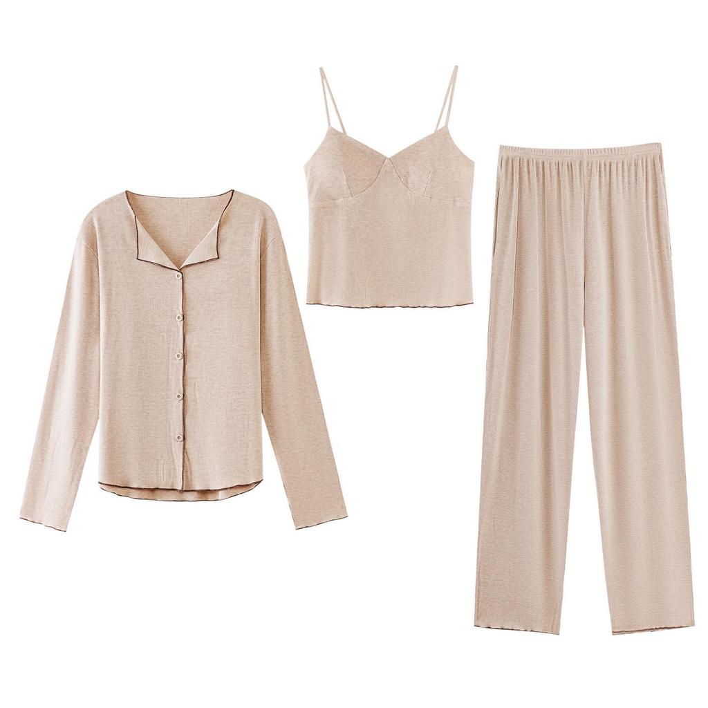 Women's Modal Long Sleeve Pajama Set with Bra Pads, Camisole, and Pants, Fall/Winter 3-Piece Set, Suitable for Outdoors.