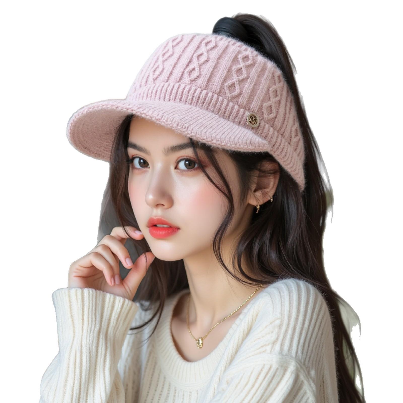 

Теплая шляпа-цилиндр с полым верхом для осени и зимы, утолщенная, с возможностью завязать хвостик для защиты от холода, вязаная шапка для защиты ушей, модная шляпа с козырьком