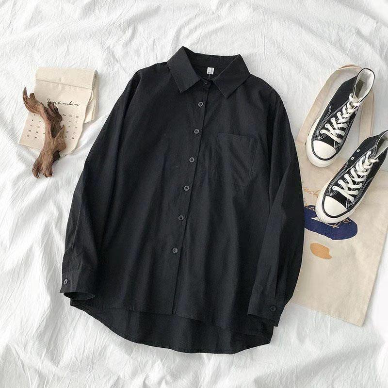Black White Casual Shirt Women JK Preppy Style Long Sleeve School Shirts Girl Harajuku Loose Turn Down Collar Button Up Blouses