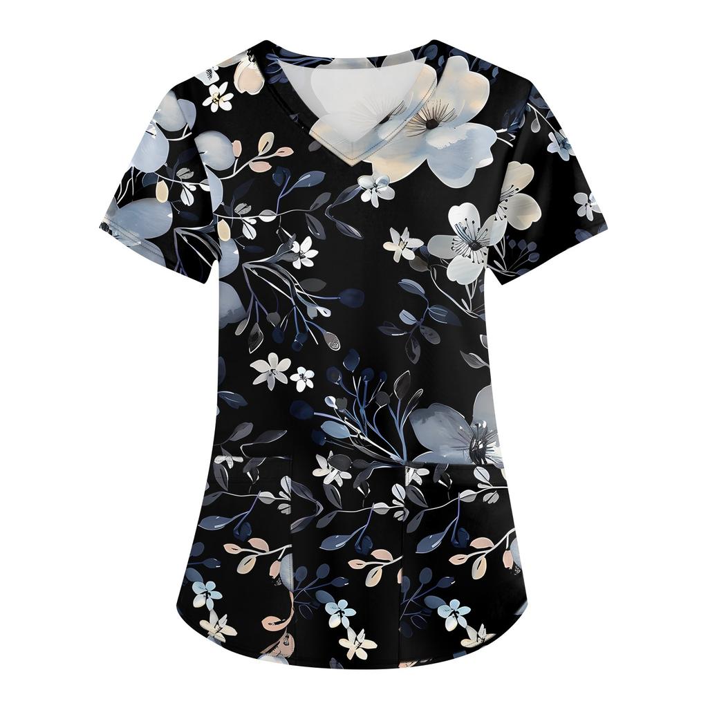 Damesmode werkkleding met V-hals, korte mouwen en bedrukte zakken