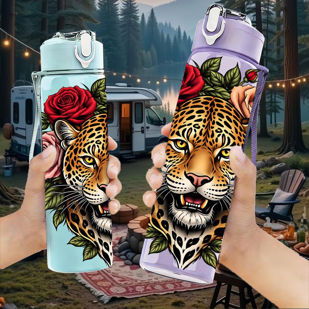 1PC Leopard Tiger Rose Graphic,750ml Color Plastic Sports Water Bottle,Leakproof Flip Straw Lid,Suitable for Sports Office Home Use