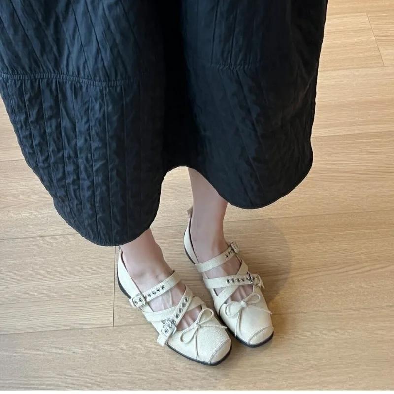 

2025 Spring and Autumn New Shallow Mouth Hollow Square Head Flat Shoes Retro Multi Functional Bow Ballet Shoes for Women 40 бежевый