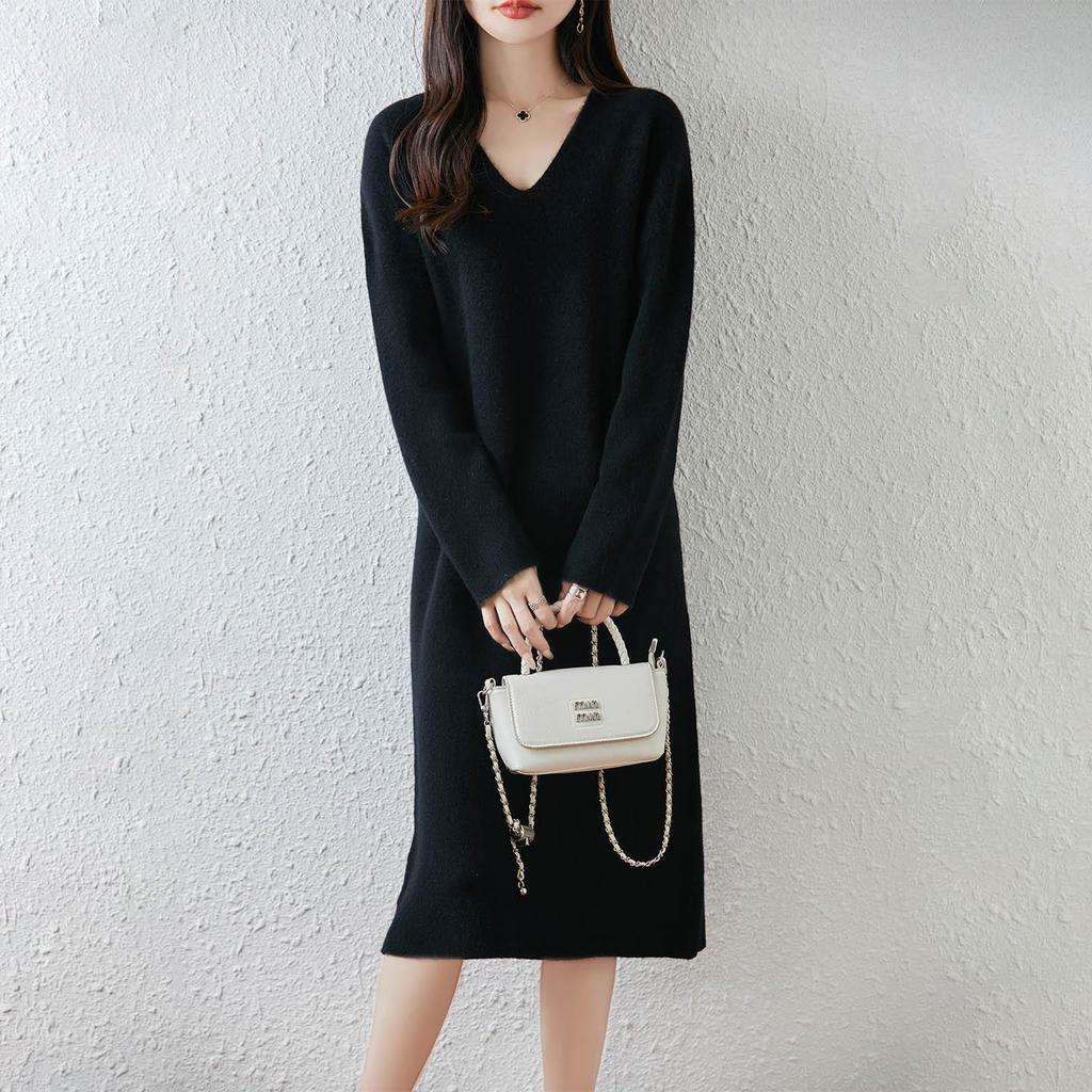 2025 Nowa Koreańska Sukienka Wełniana Dzianinowa o Długości Midi z Dekoltem V na Jesień i Zimę