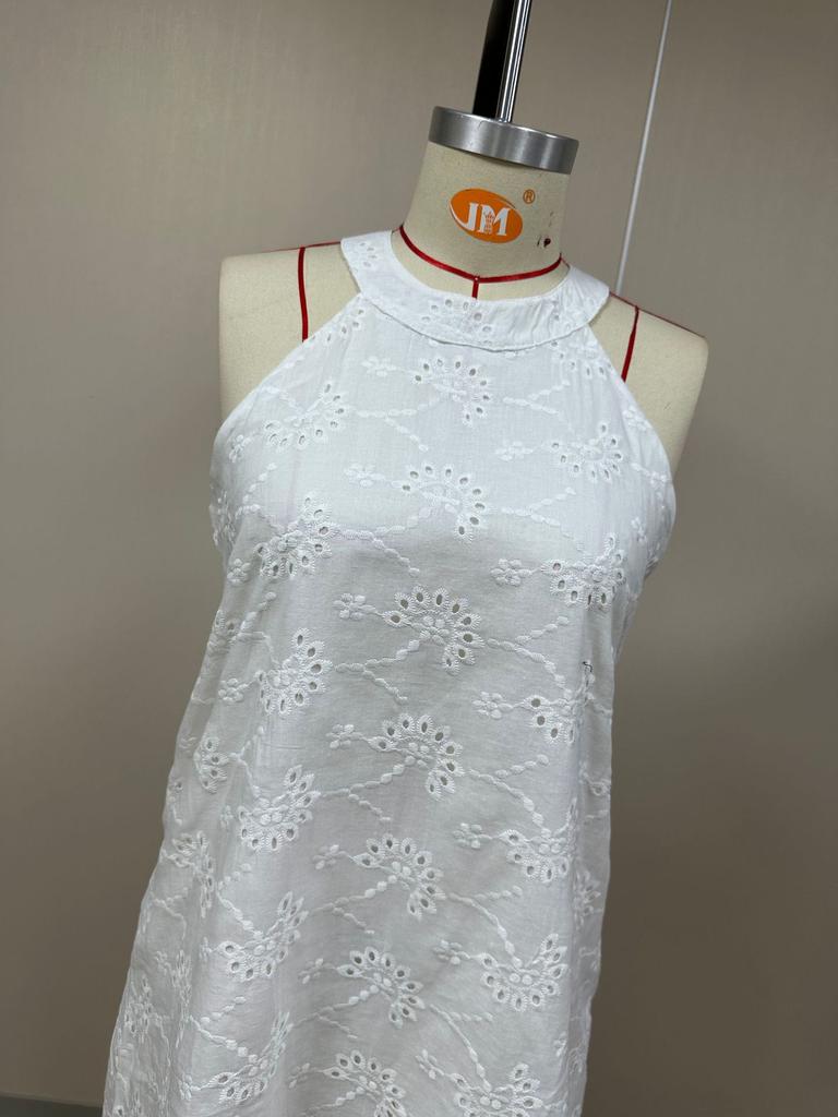 Lace Solid Color Sleeveless Button Neck Dress