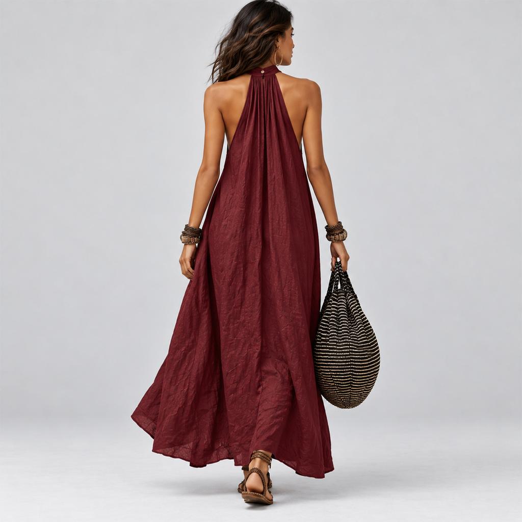 Damen Farb-Hals-Maxikleid für Freizeit