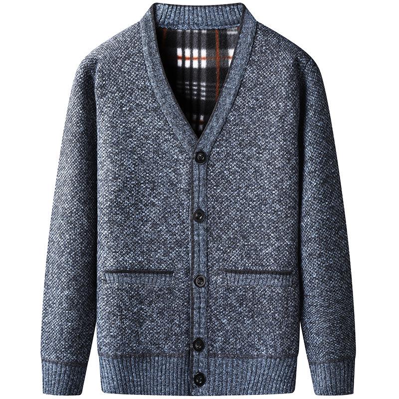New Winter Casual Velvet Men's Knitted Long Sleeve V-Neck Cardigan Jacket