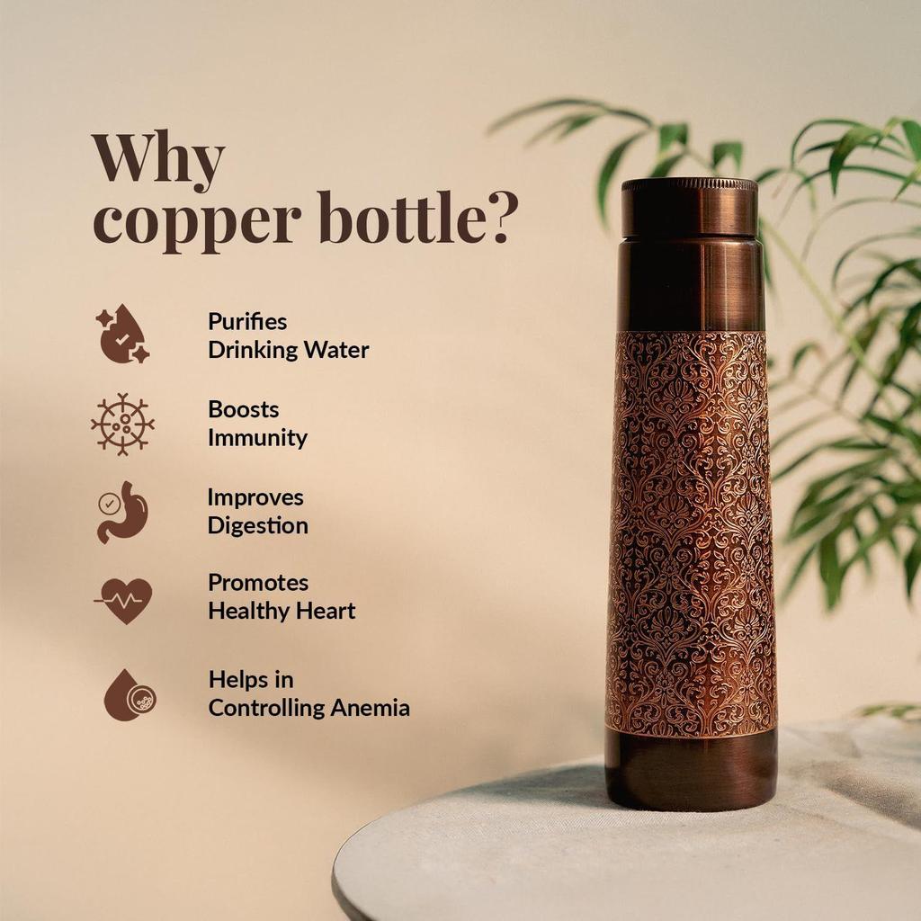 Pure Copper Water Bottle with Glass Set | Antimicrobial, Antioxidant & BPA Free, Boosts Immunity, Support Digestive Health (950 Ml 2x 300ml)