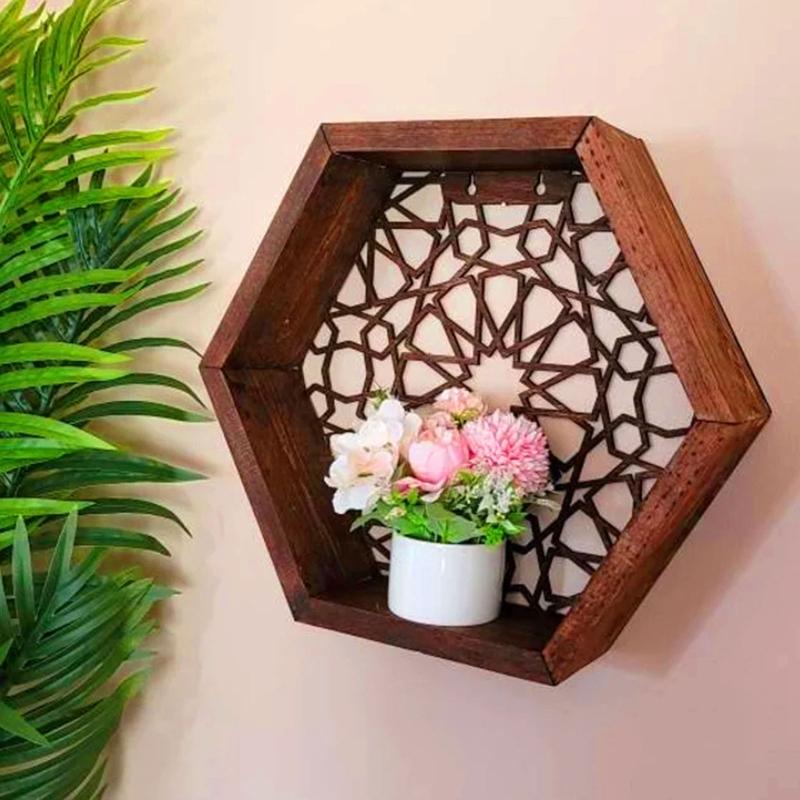 Wood Decor Wall Mount Hexagonal Books Toy Flower Pots Storage Shelf Holder Figurines Display Crafts Shelves Space Saving