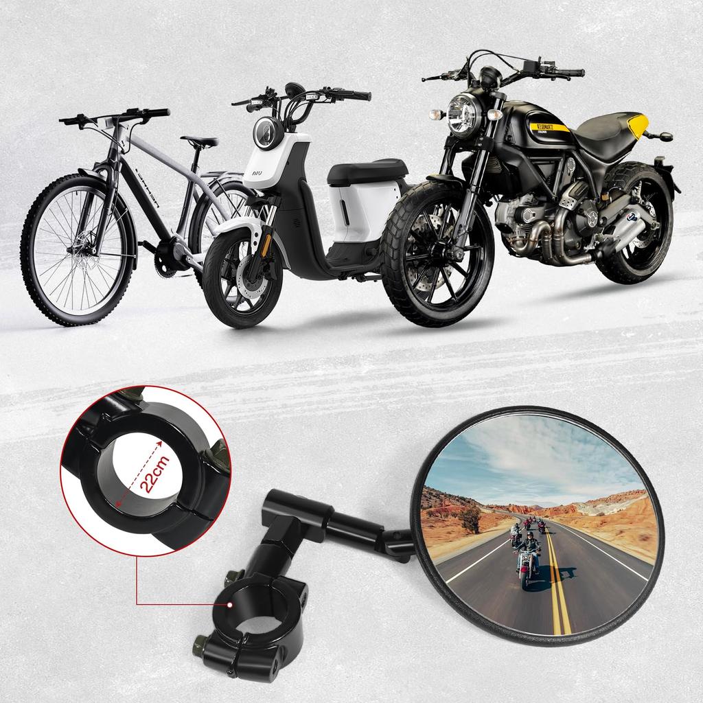Esploratori Motorcycle Handlebar Handlebar End Mirror with Compatible with and Round Black Convex Mirror Mirror, Dual-Use Stand, 360° Adjustable,