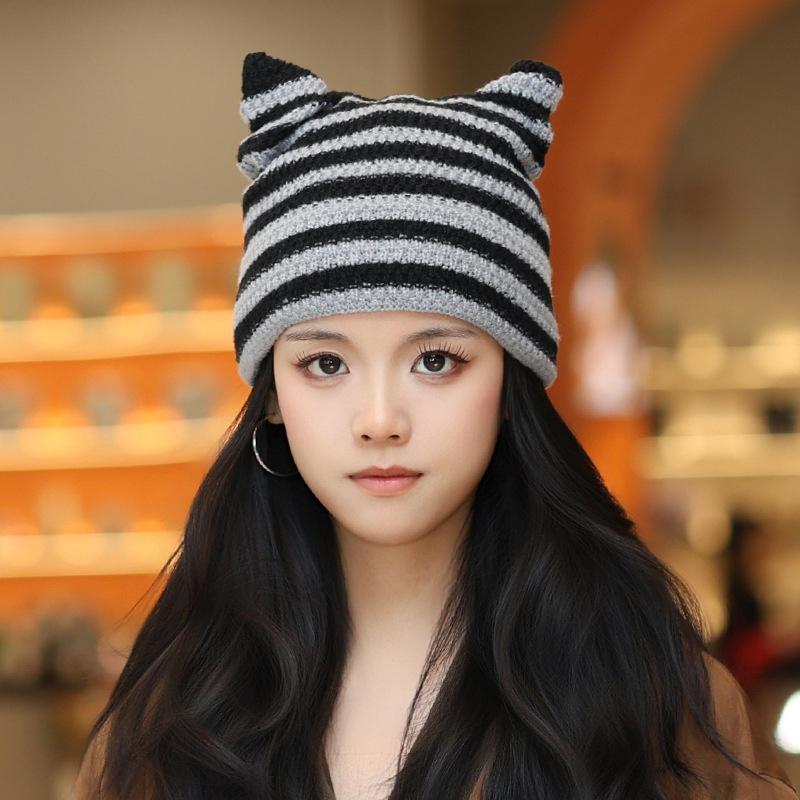 Korean Cute Cat Ear Knitted Hat Winter Keep Warm Retro Stripe Beanie For Women