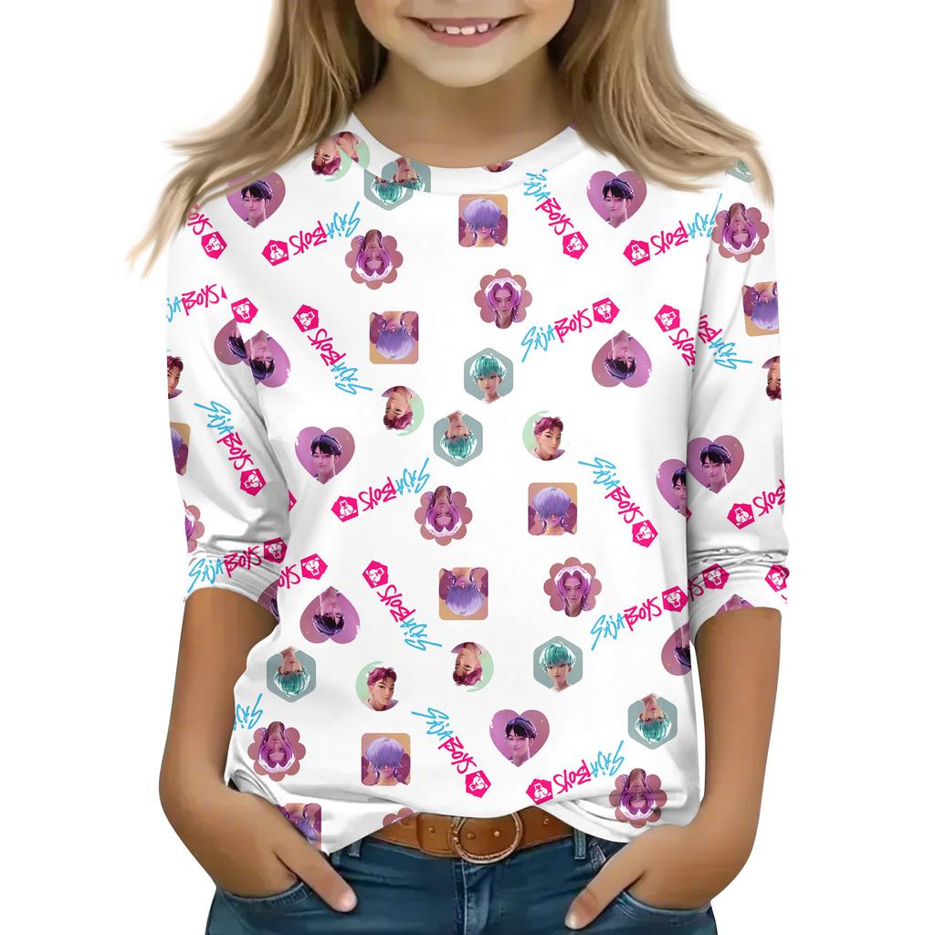 Druck-Tops für junge Mädchen 4-11 Jahre Rundhals 3/4-Ärmel T-Shirts Trendige Tops Outfit T-Shirts
