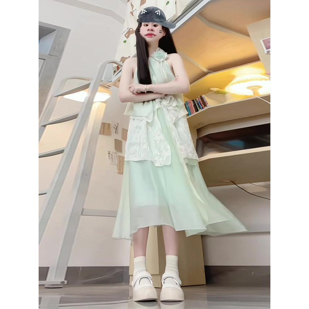 

Необычная кружевная вставка, свободный крой, длинная юбка, летний курорт, мятно-зеленое платье без рукавов с халтером XL- (recommended 110-60kg)