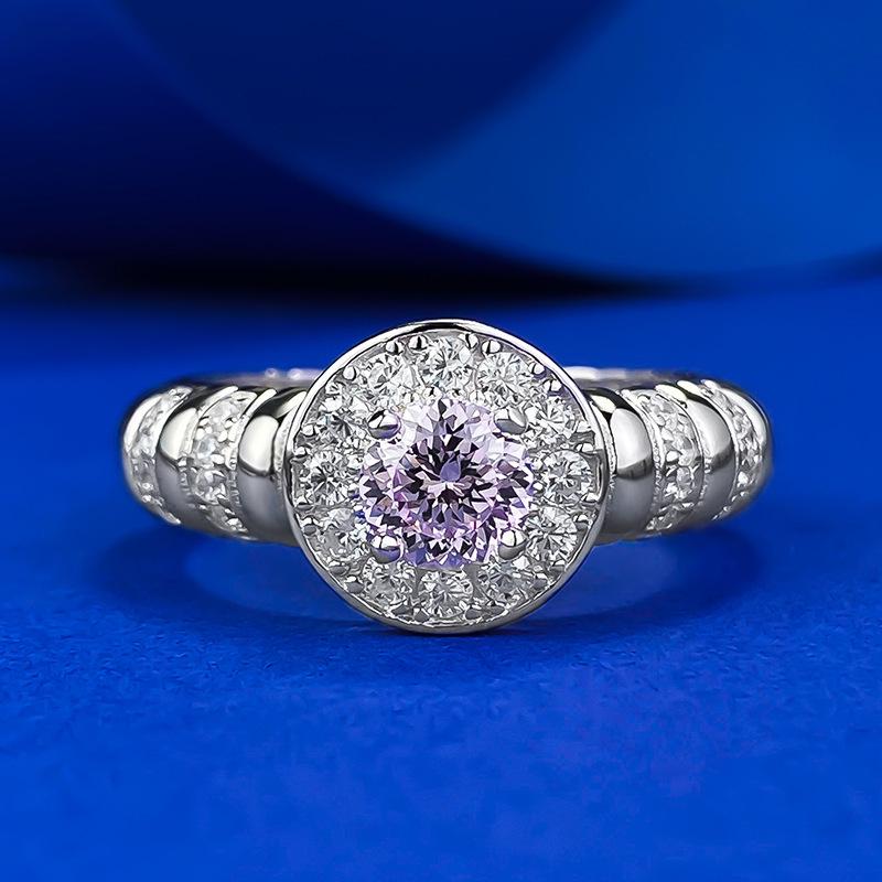 

Longlongjin Jewelry: S925 Silver Pink Diamond Fireworks Cut Ring, 5.0mm, Skin-Brightening, European & American Style. Size 8