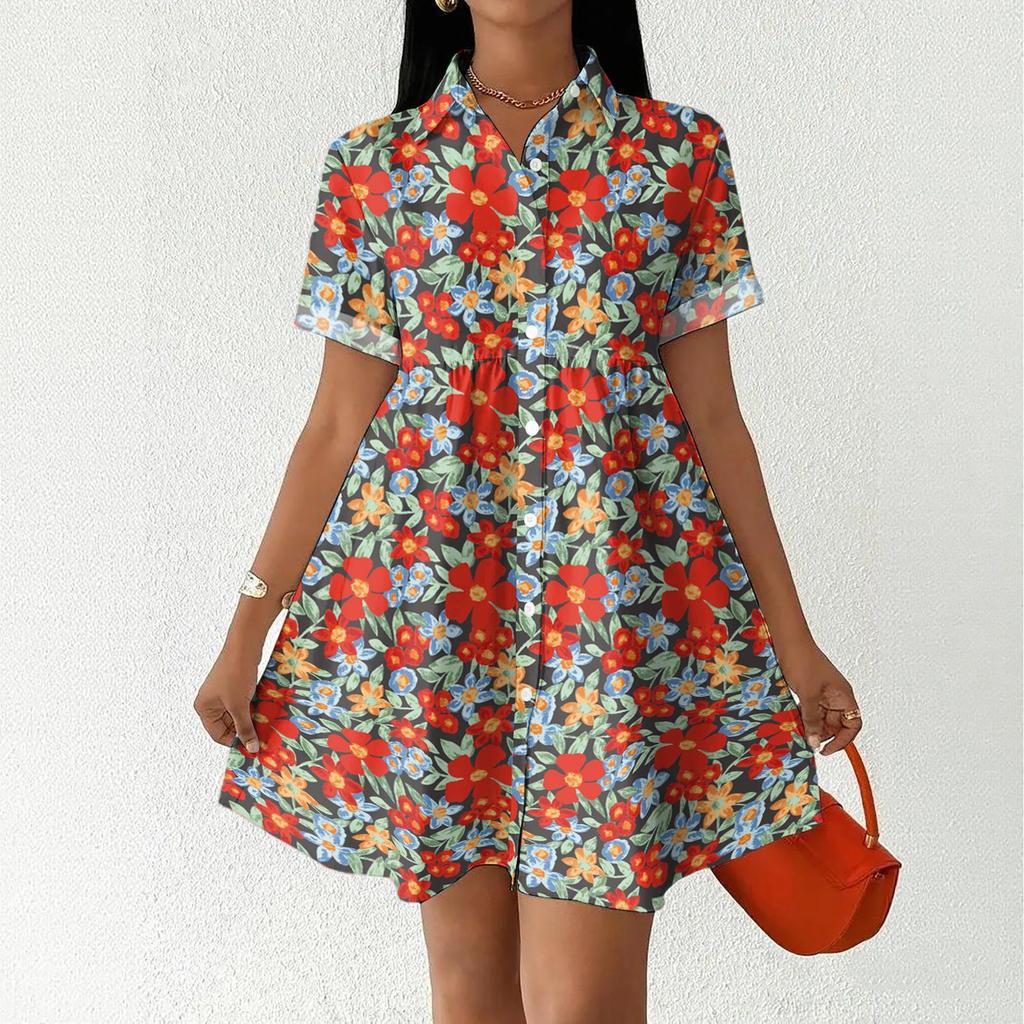 Women's Casual Loose Fit Shirt Dress Button Front Stand Collar Short Sleeve Polka Dot Patterned Dress for Everyday Wear