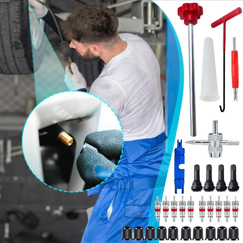 30pcs Car Quick Change Tire Valve Tool Kit Valve Stem Tire Valve Stem Replacement T-Hook Motorcycle Car Accessories