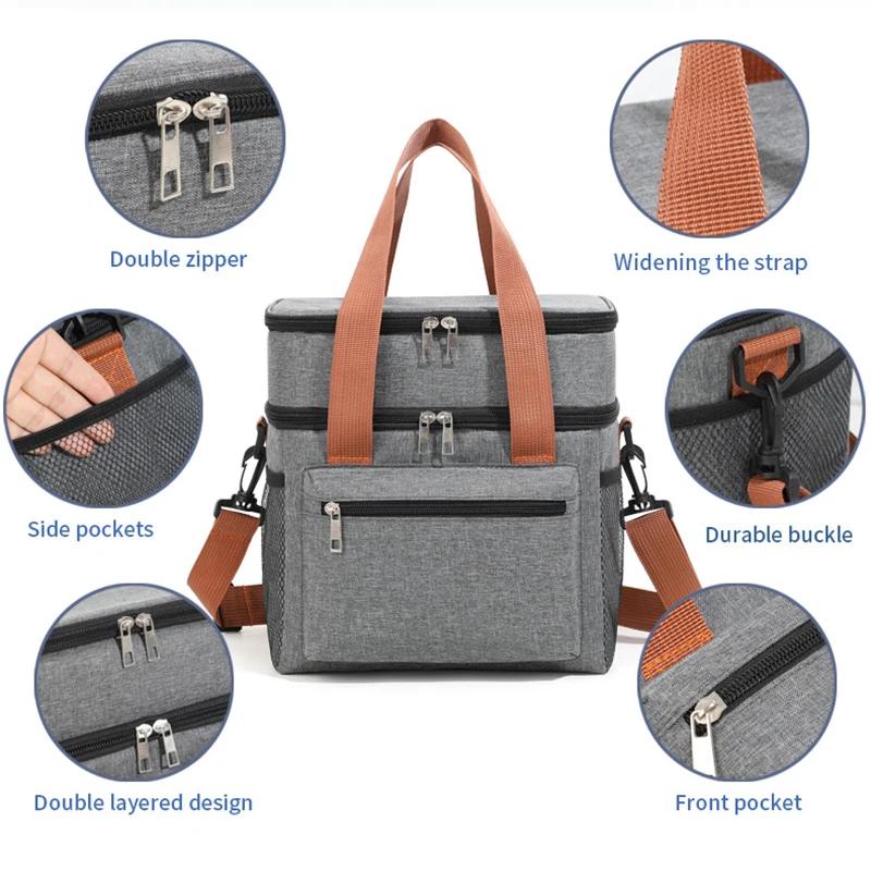 Double Layers Thermal Lunch Bag Large Capacity Lunch Box Portable Crossbody Outdoor Picnic Bag Ice Pack Multi Functional Waterproof Handbag Bento Bag