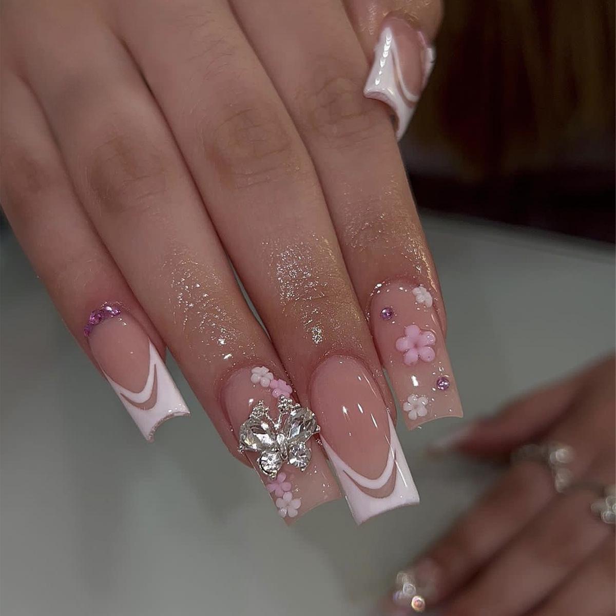 

White French Tip Bow Rhinestone Press-on Nails with Flower Design