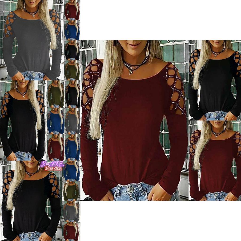 Cotton Long Sleeve T Shirt With Cutout Pattern And Sparkling Details For Women