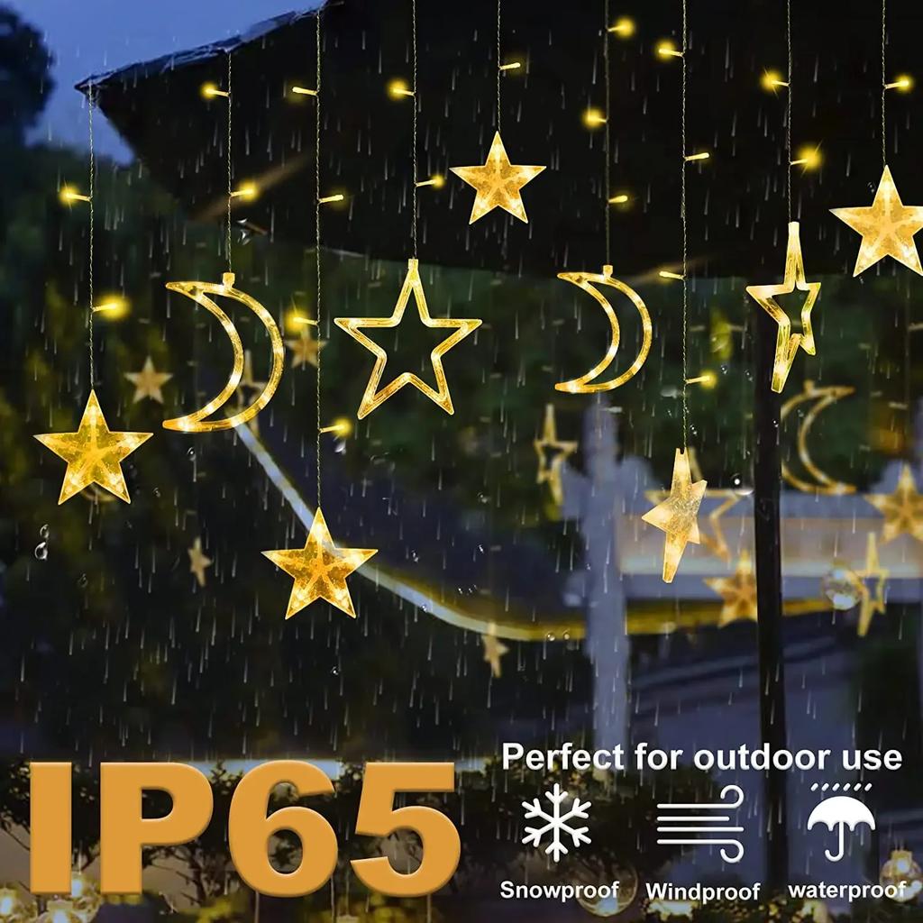 3.5m Star Moon LED Curtain String Light Solar/Battery Power Christmas Garland Fairy Lamp for Outdoor Garden Xmas NewYear Decor