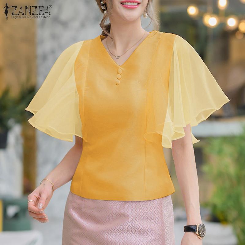 ZANZEA Damen Lässig Mesh-Einsatz Rüschenärmel Sommer V-Ausschnitt Bluse