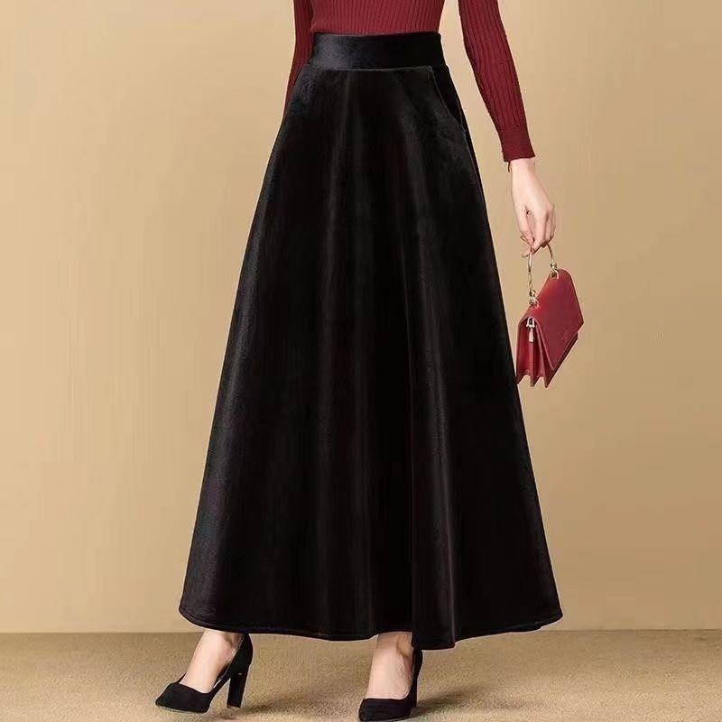 Autumn Women's Gold Velvet Long High-Waist A-Line Skirt Black