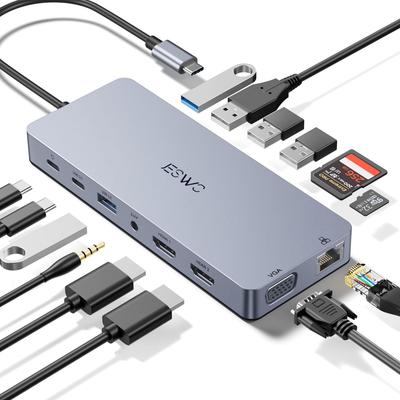 JESWO 14 In 1 USB C Docking Station USB C Hub To Dual HDMI PD Fast USB A C Ethernet Card Slot Compatible with Windows USB-C 4K@30Hz Extension/1080p