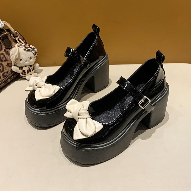 Mary Jane Small Leather Shoes, Sweet and Cool Bow High Heels, Women's Spring and Autumn 2025 Explosion, One-word Buckle Jk Cute Single Shoes