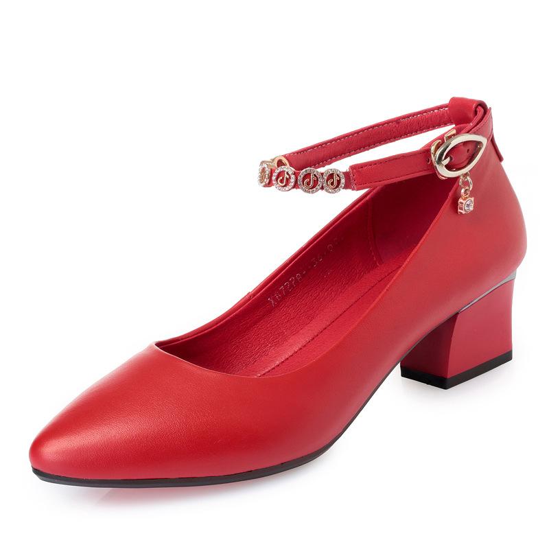 Fashion Genuine Leather High Heel Shoes Red Wedding Pumps Women Shoes Pointed Toe Rhinestone High Heel Shoes Ladies Elegant Office Shoe
