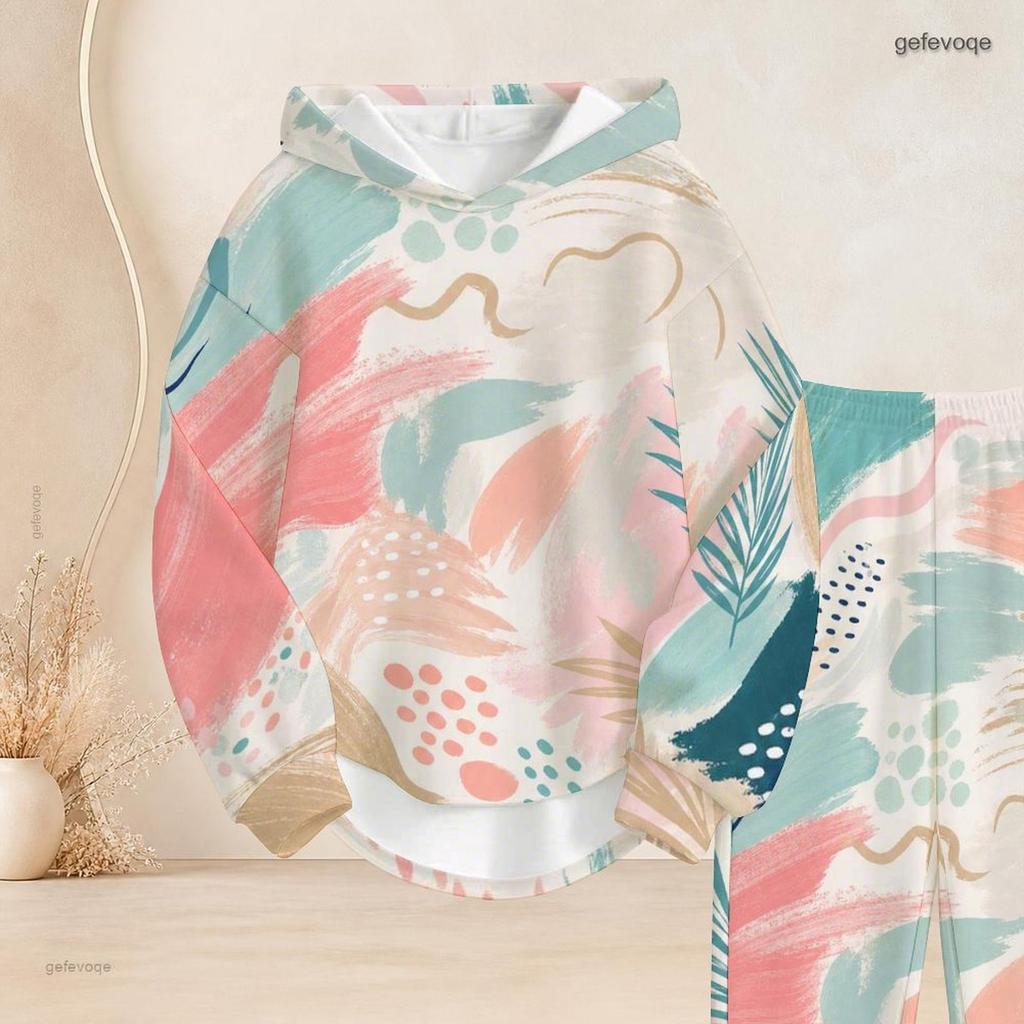 Women Plus Size Two Piece Outfit Long Sleeve Hooded Top Geometric Printed Cuffed Pants