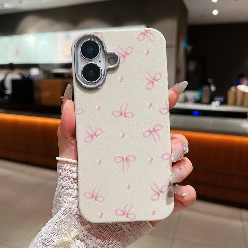 Cute Pink Bow Pattern Phone Case For iPhone 16 15 14 Pro Max 14 Plus 13 12 Pro 11 Shockproof Leather Texture TPU Silicone Cover