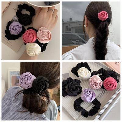 Flower Rose Hair Rope Korean Style Elastic Hair Band Simple Silk Satin Hair Rope  Ponytail Holder