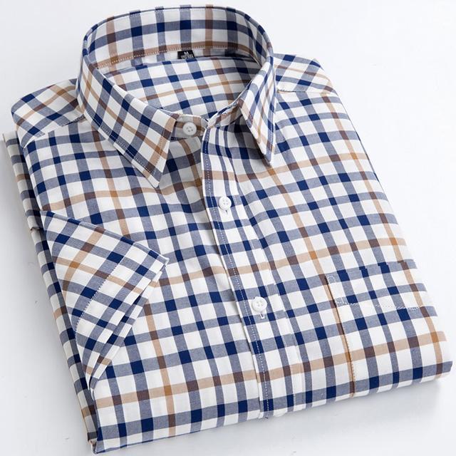 Men's Fashion Plaid Checkered Short Sleeve 100% Cotton Shirt Button-collar Holiday Youthful Striped Summer Casual Gingham Shirts