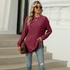Autumn Winter Round Neck Pocket Hem Slit Loose T-shirt Solid Color Knitwear Pullover Top for Women