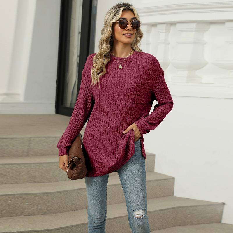 Autumn Winter Round Neck Pocket Hem Slit Loose T-shirt Solid Color Knitwear Pullover Top for Women