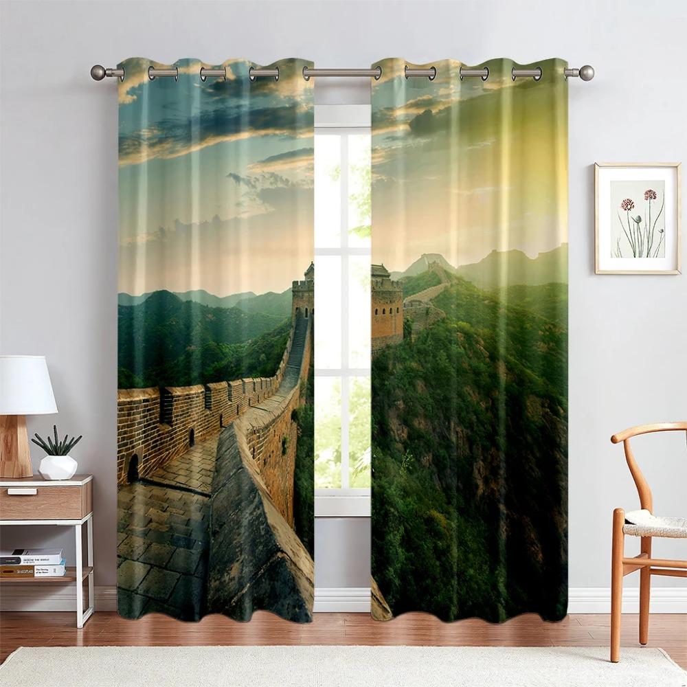 Stadtgebäude 3D-gedruckte Vorhänge Straßenansicht Flussblick Schwarzweiß Handgemalt Industriestil Wohnzimmer Vorhänge 2 Stück