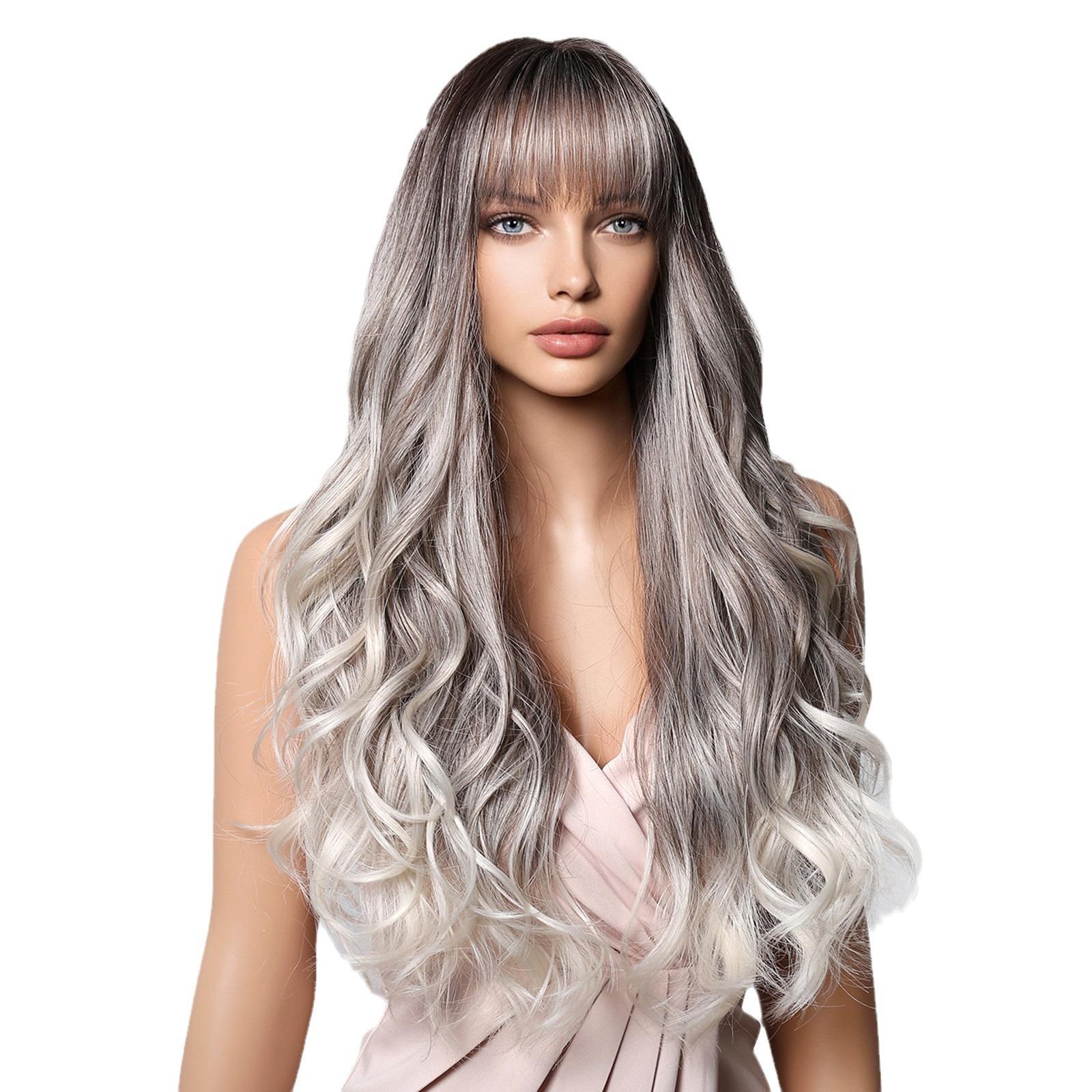 

Парик женский в европейском и американском стиле с естественно выглядящими волосами и воздушной челкой, длинные волнистые парики с градиентным серым оттенком серый